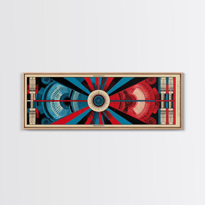 Red And Blue Technical Mandala Wall Art, Mid Century Abstract Geometric Poster, Atomic Modern Decor, Panoramic Canvas Print