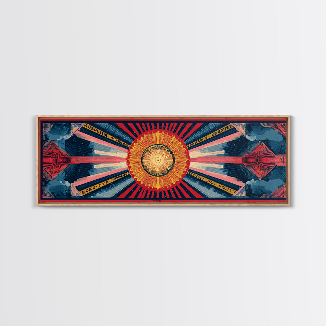 Cosmic Golden Sunburst Space Chart Wall Art, Mid Century Modern Abstract, Atomic Retro Poster, Blue Red Panoramic Canvas Print