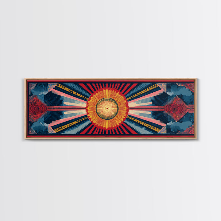Cosmic Golden Sunburst Space Chart Wall Art, Mid Century Modern Abstract, Atomic Retro Poster, Blue Red Panoramic Canvas Print