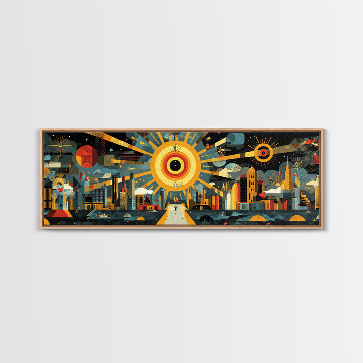 Atomic City Skyline Under Giant Sun Wall Art, Mid Century Modern Urban Poster, Retro Modern Home Decor, Panoramic Canvas Print