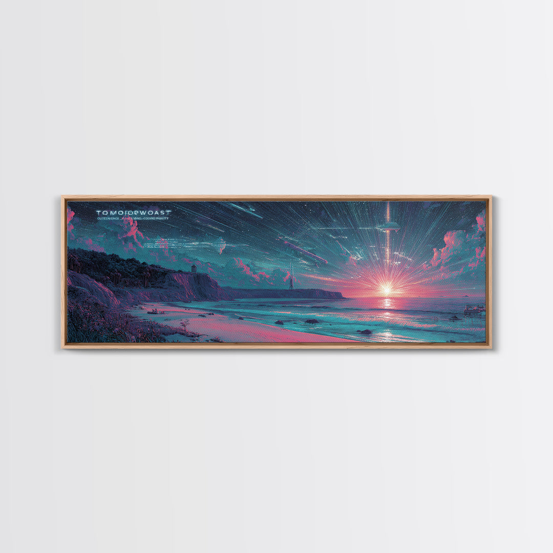 Futuristic Neon Beach Sunset With Star Trails, Sci Fi Coastal Wall Art, Retro Modern Poster, Space Abstract Art Print Decor