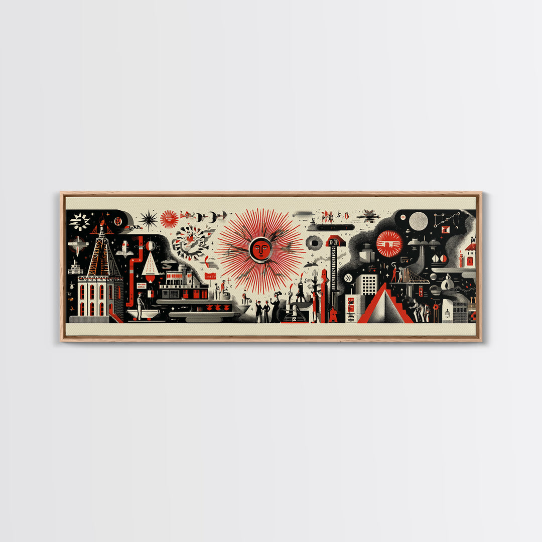 Surreal Red Sun Town Collage Wall Art, Mid Century Modern Folk Abstract Poster, Black Cream Retro Decor, Panoramic Canvas Print