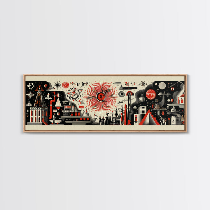 Surreal Red Sun Town Collage Wall Art, Mid Century Modern Folk Abstract Poster, Black Cream Retro Decor, Panoramic Canvas Print