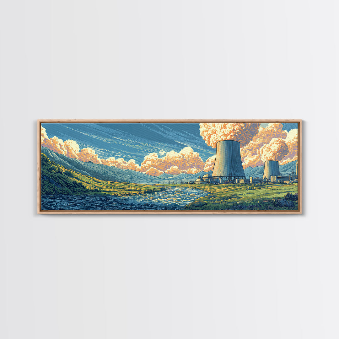 River Valley Nuclear Towers Framed Canvas Print, Scenic Retro Wall Art, Midcentury Modern Decor, Landscape Poster, Home Office Art