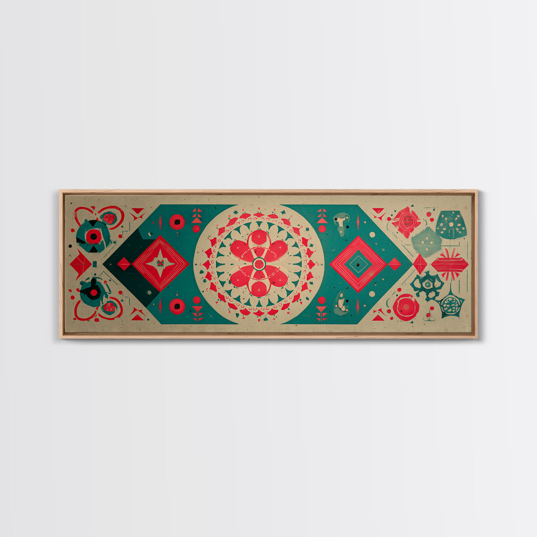 Red Green Mandala Flowers And Diamonds Canvas Print, Geometric Wall Art, Midcentury Modern Decor, Retro Pattern Poster, Home Decor