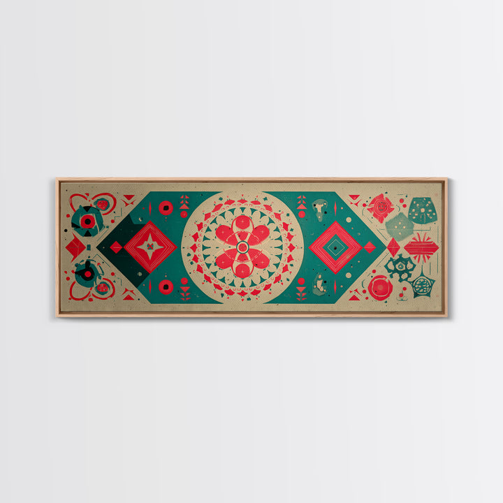 Red Green Mandala Flowers And Diamonds Canvas Print, Geometric Wall Art, Midcentury Modern Decor, Retro Pattern Poster, Home Decor