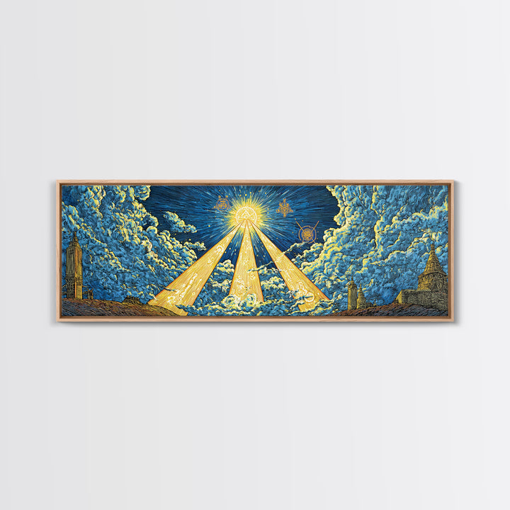 Golden Light Beams Through Clouds Framed Canvas Print, Spiritual Wall Art, Midcentury Modern Poster, Celestial Decor, Sci Fi Wall Decor