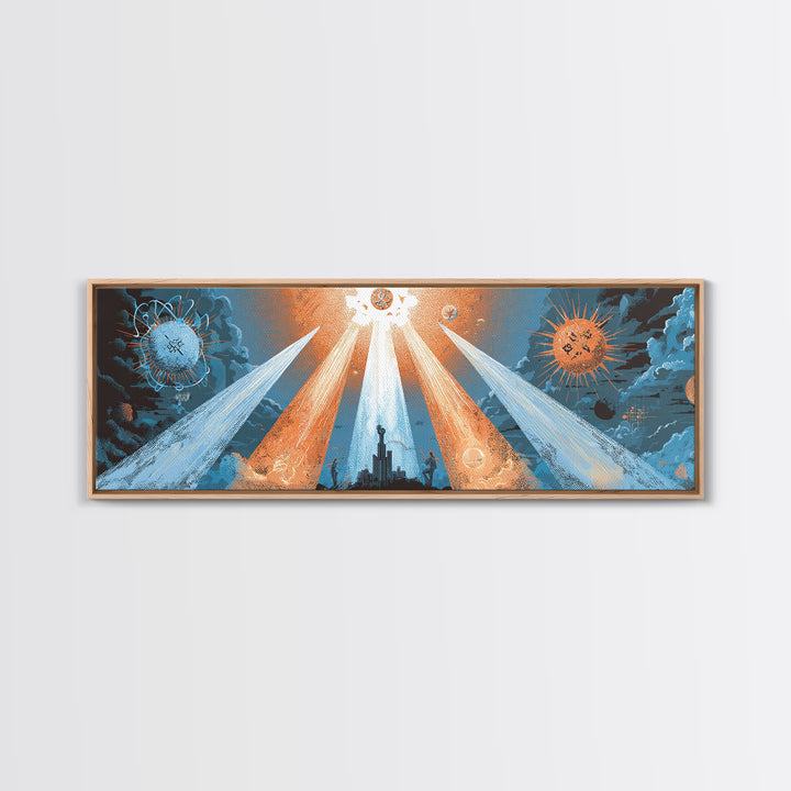 Planetary Spotlights Over Futuristic City Canvas Print, Space Abstract Art, Modern Wall Decor, Retro Sci Fi Poster, Home Office Art