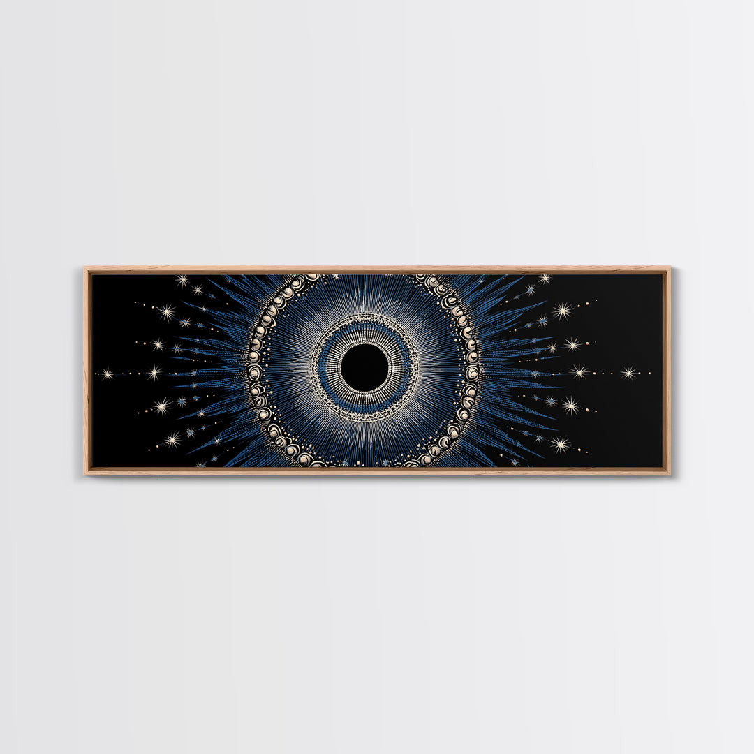 Blue Celestial Eclipse Wall Art, Art Deco Sunburst Mandala, Modern Abstract Print, Gothic Cosmic Framed Canvas Print Decor