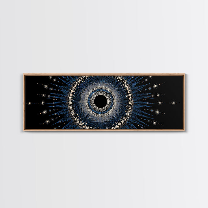 Blue Celestial Eclipse Wall Art, Art Deco Sunburst Mandala, Modern Abstract Print, Gothic Cosmic Framed Canvas Print Decor
