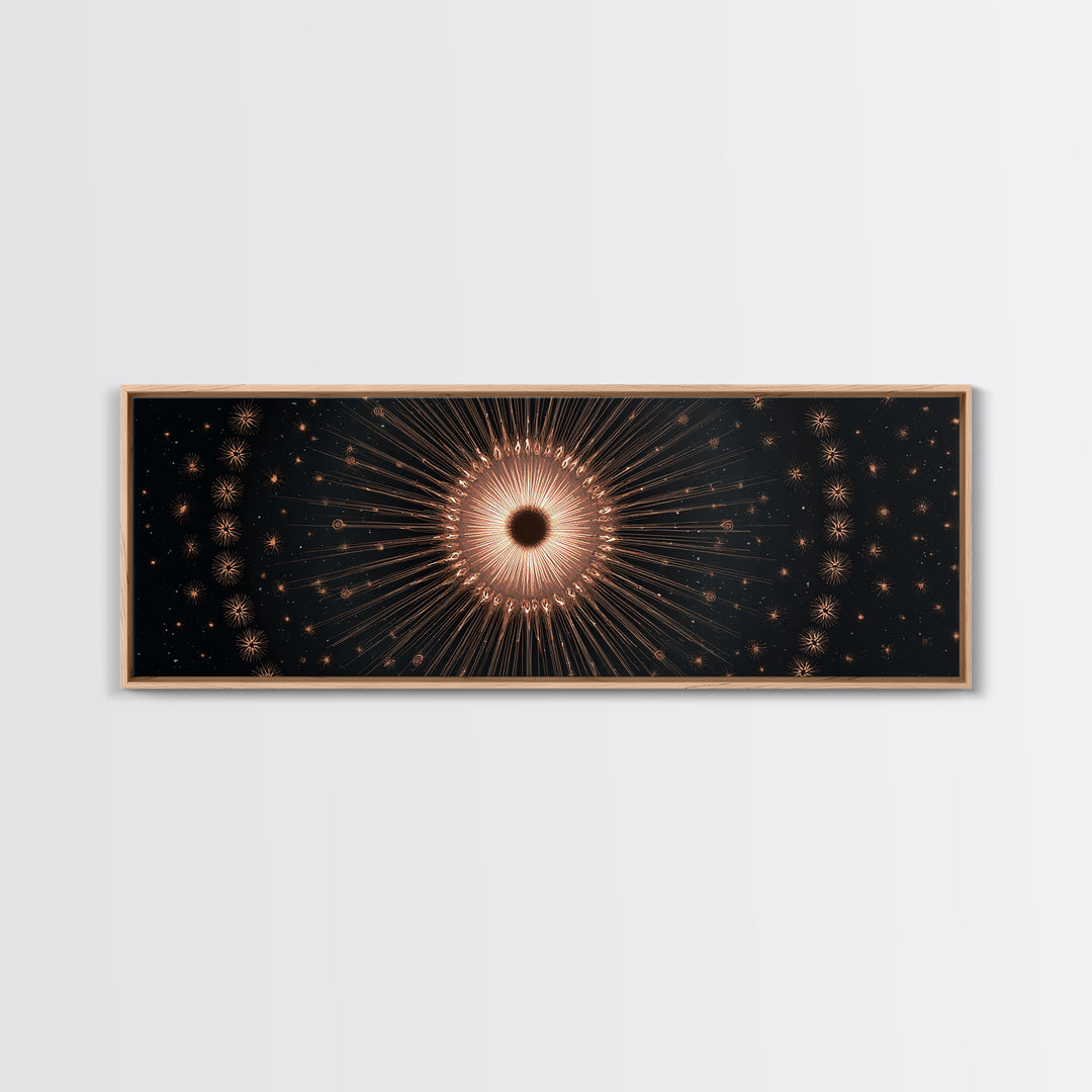 Copper Gold Eclipse Sunburst Wall Art, Modern Art Deco Canvas Print, Cosmic Celestial Decor, Black Gold Statement Print Gift