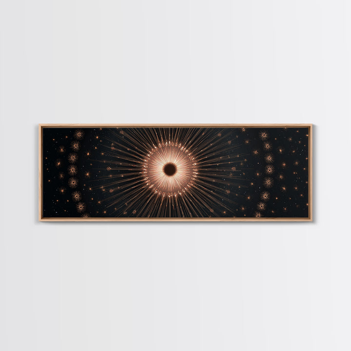 Copper Gold Eclipse Sunburst Wall Art, Modern Art Deco Canvas Print, Cosmic Celestial Decor, Black Gold Statement Print Gift
