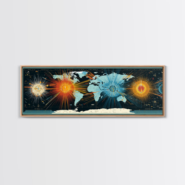 World Map Sunburst Network With Celestial Nodes, Canvas Print, Modern Wall Art, Geographic Abstract Poster For Office Decor