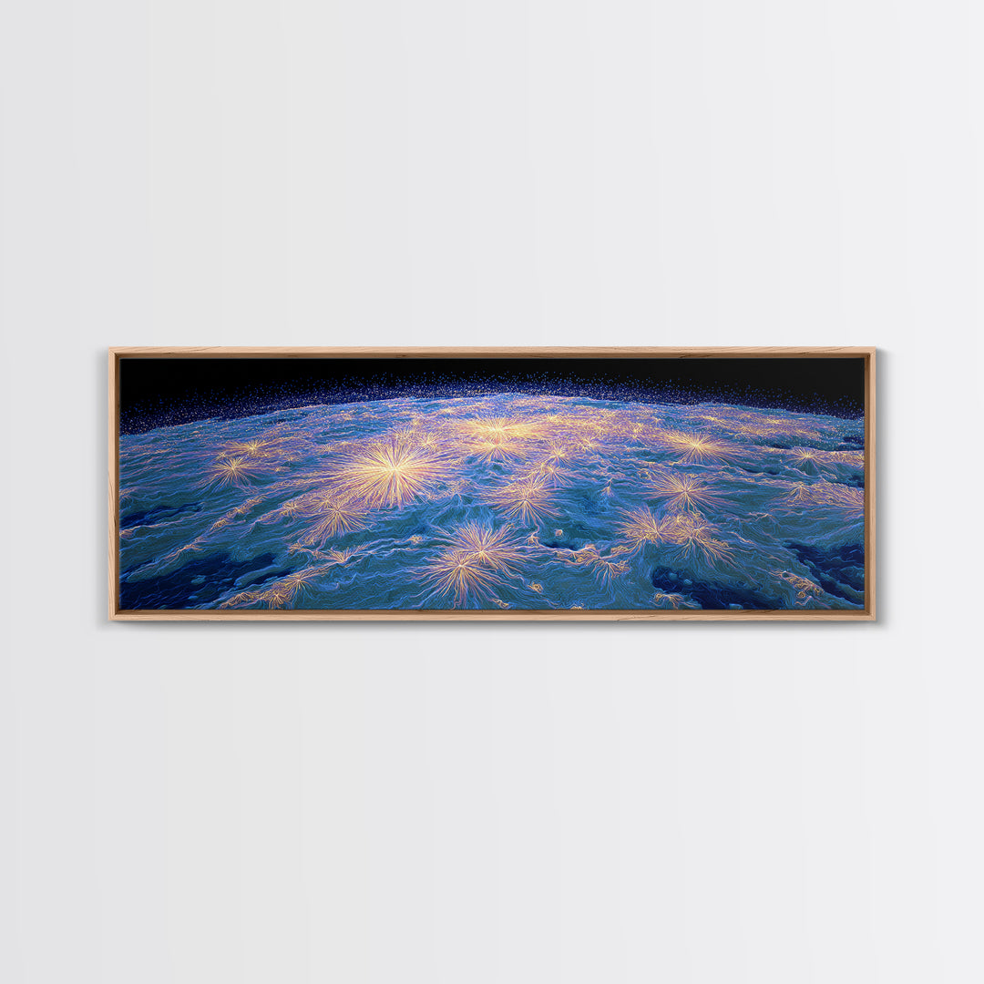 Earth From Orbit With Electric Light Bursts, Framed Canvas Print, Space Abstract Art, Modern Wall Decor For Home Office Decor