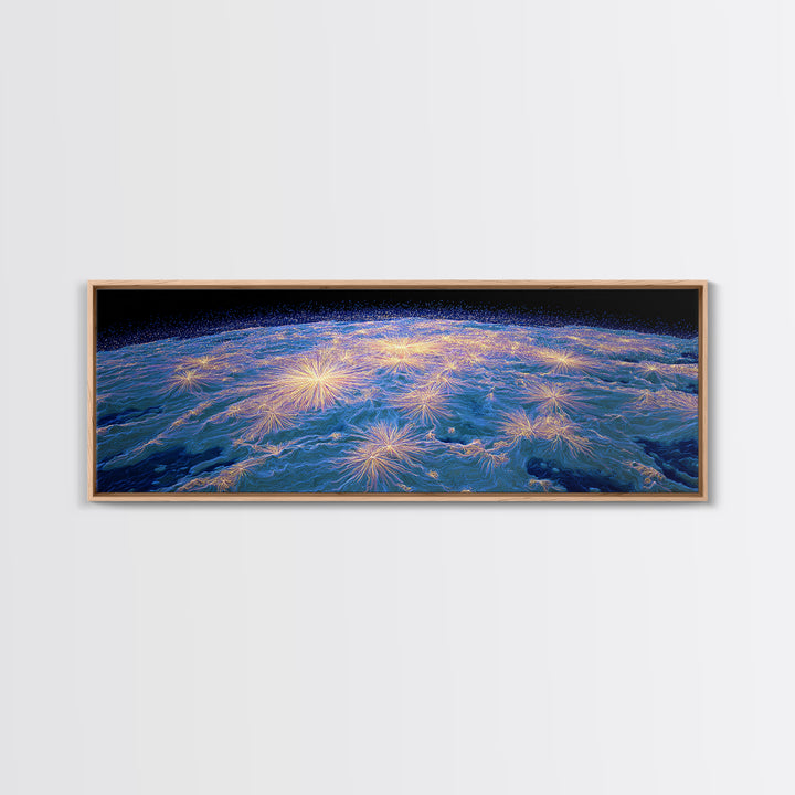 Earth From Orbit With Electric Light Bursts, Framed Canvas Print, Space Abstract Art, Modern Wall Decor For Home Office Decor