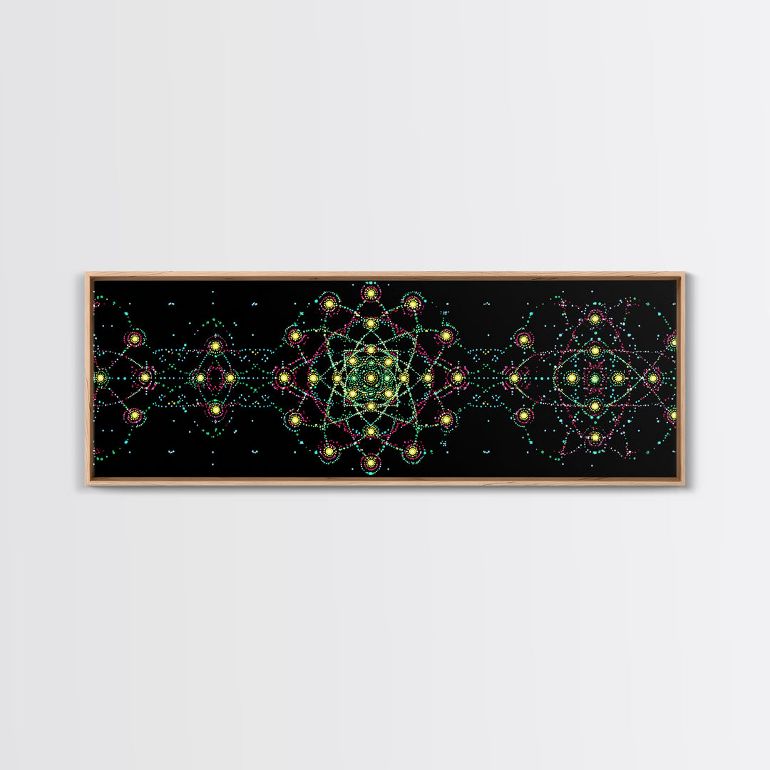 Neon Atomic Mandala Wall Art, Mid Century Modern Space Decor, Retro Science Poster, Psychedelic Geometric MCM Print, Black Wall Decor