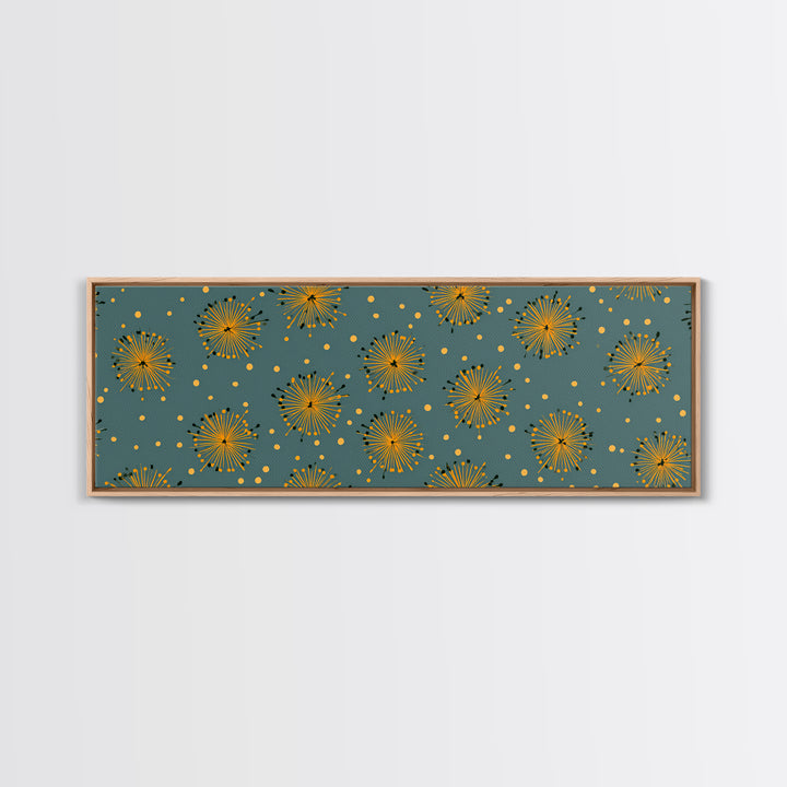 Yellow Starburst Floral Wall Art, Mid Century Modern Print, Retro Atomic Pattern Poster, Teal Kitchen Decor, MCM Art Print