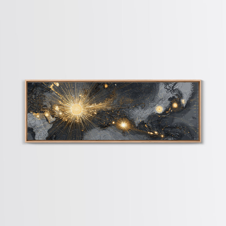 Gold And Charcoal World Map With Radiant Network Lights, Wall Art, Modern Abstract Art Print, Office Decor Statement Poster
