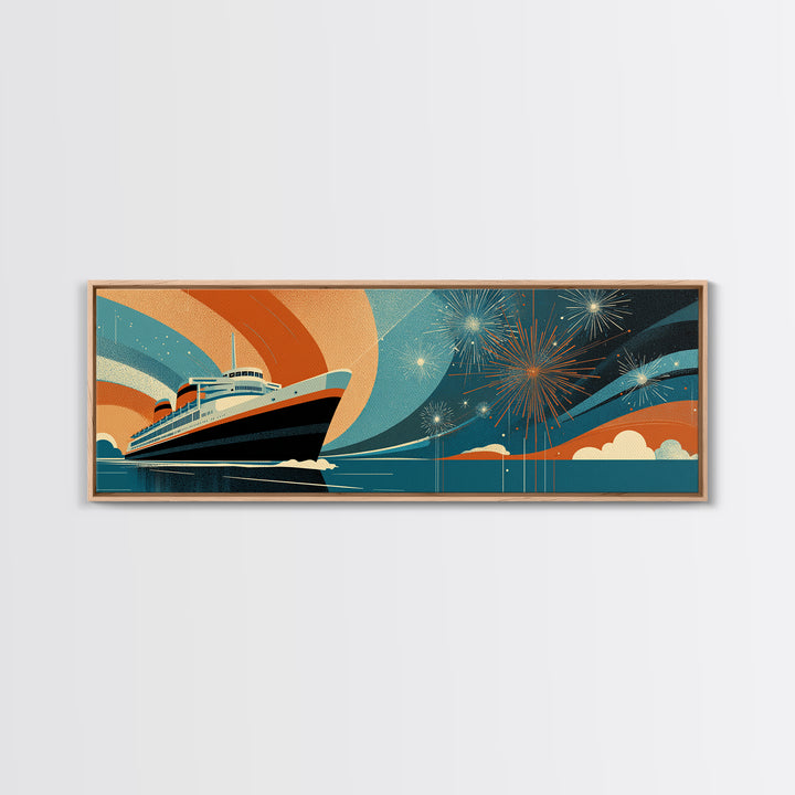 Retro Ocean Liner With Fireworks Wall Art, Mid Century Modern Travel Poster, Cruise Ship Decor, Framed Canvas Print Gift