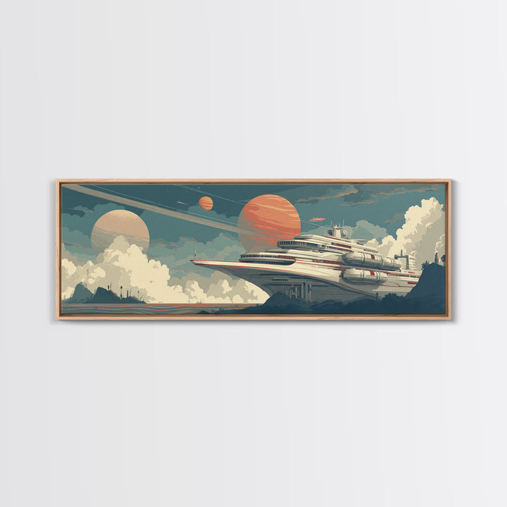 Futuristic Space Cruise Ship Canvas Print, Retro Sci Fi Wall Art, Planet Travel Poster, Modern Home Decor For Office Room