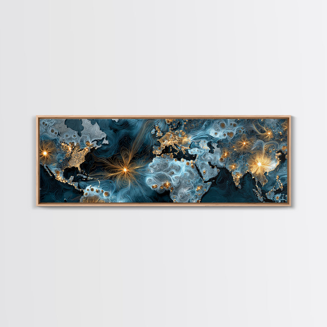 Blue Topographic World Map With Golden City Lights, Canvas Print, Modern Wall Art, Global Abstract Office Decor Poster Print