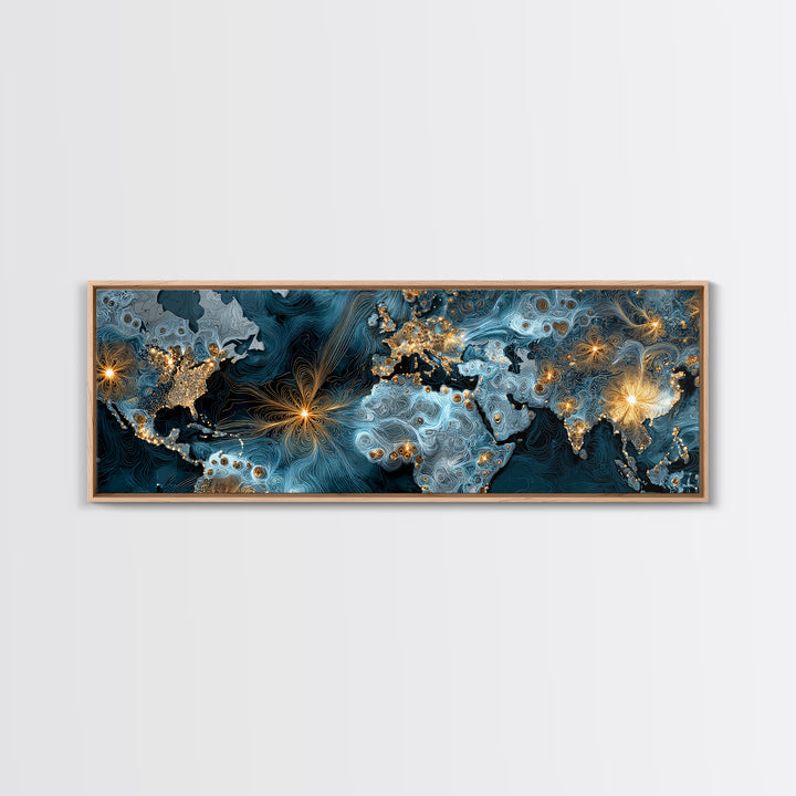 Blue Topographic World Map With Golden City Lights, Canvas Print, Modern Wall Art, Global Abstract Office Decor Poster Print