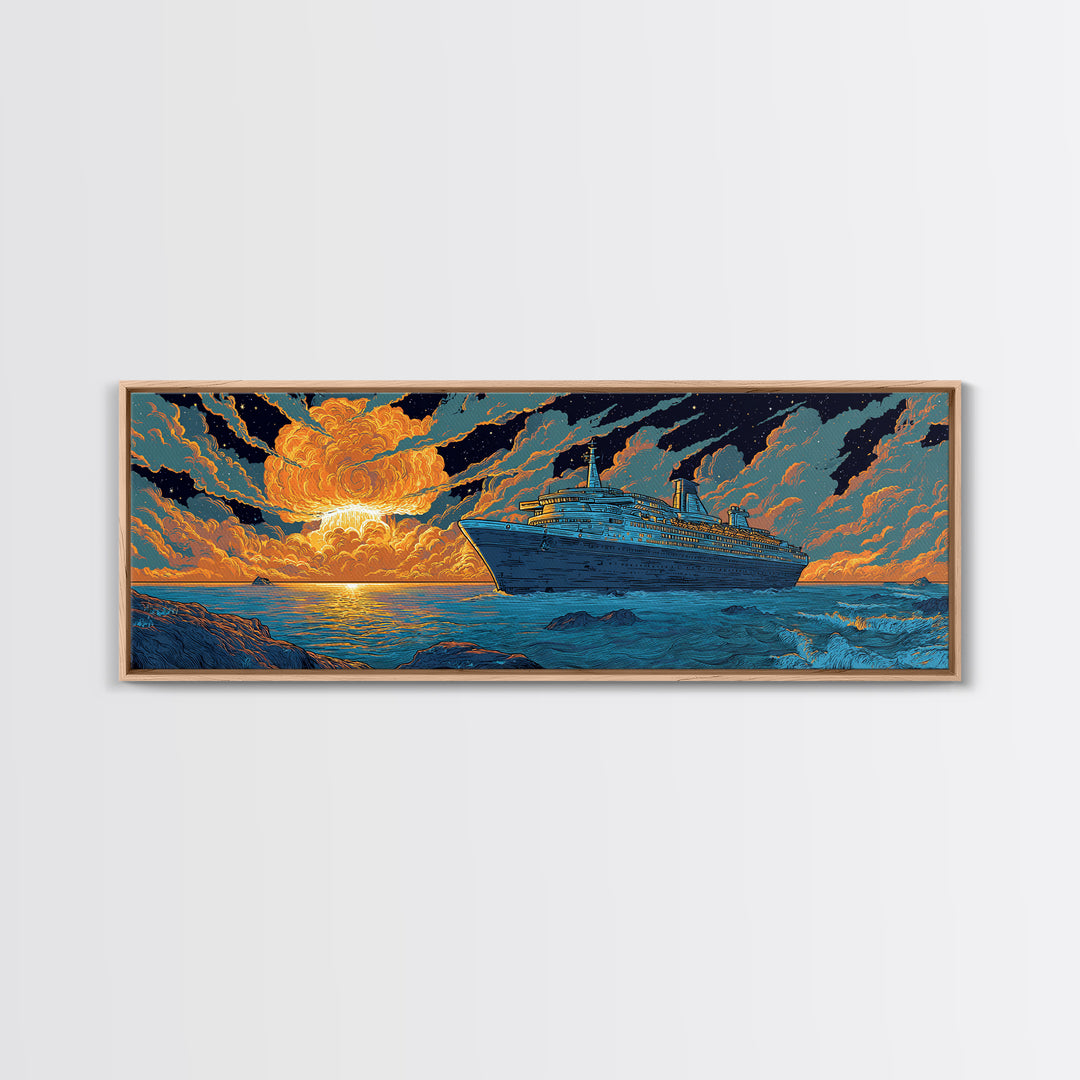 Dramatic Cruise Ship At Sunset Wall Art, Retro Ocean Travel Poster, Sci Fi Seascape Decor, Large Canvas Print Gift For Living Room