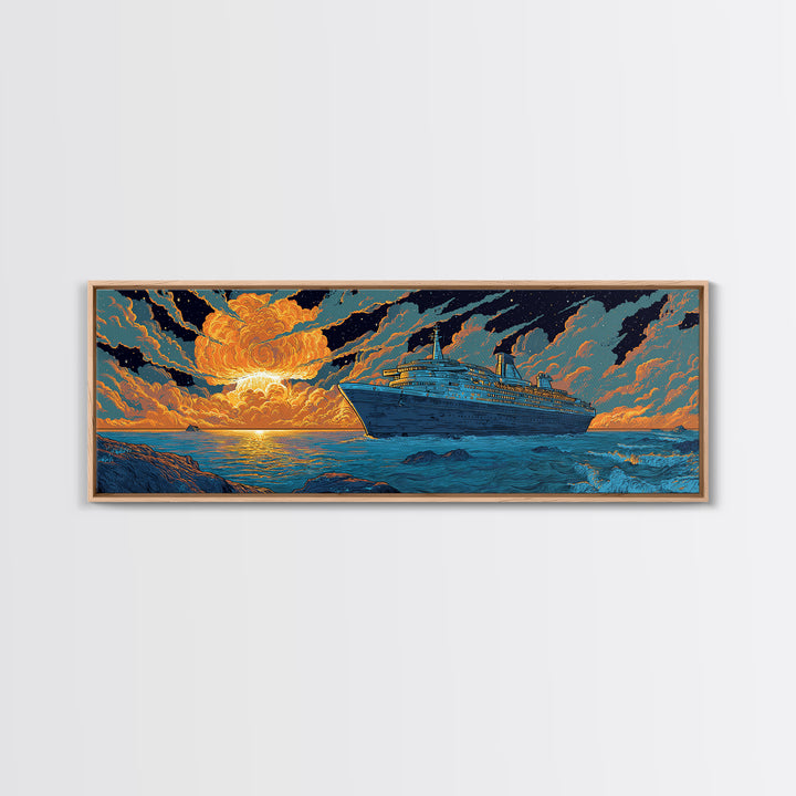 Dramatic Cruise Ship At Sunset Wall Art, Retro Ocean Travel Poster, Sci Fi Seascape Decor, Large Canvas Print Gift For Living Room