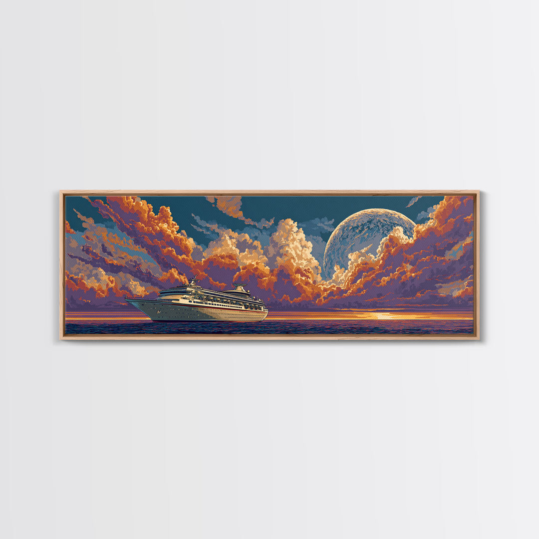 Moonlit Cruise Ship At Orange Ocean Sunset Wall Art, Retro Futuristic Travel Poster, Midcentury Modern Decor Canvas Print