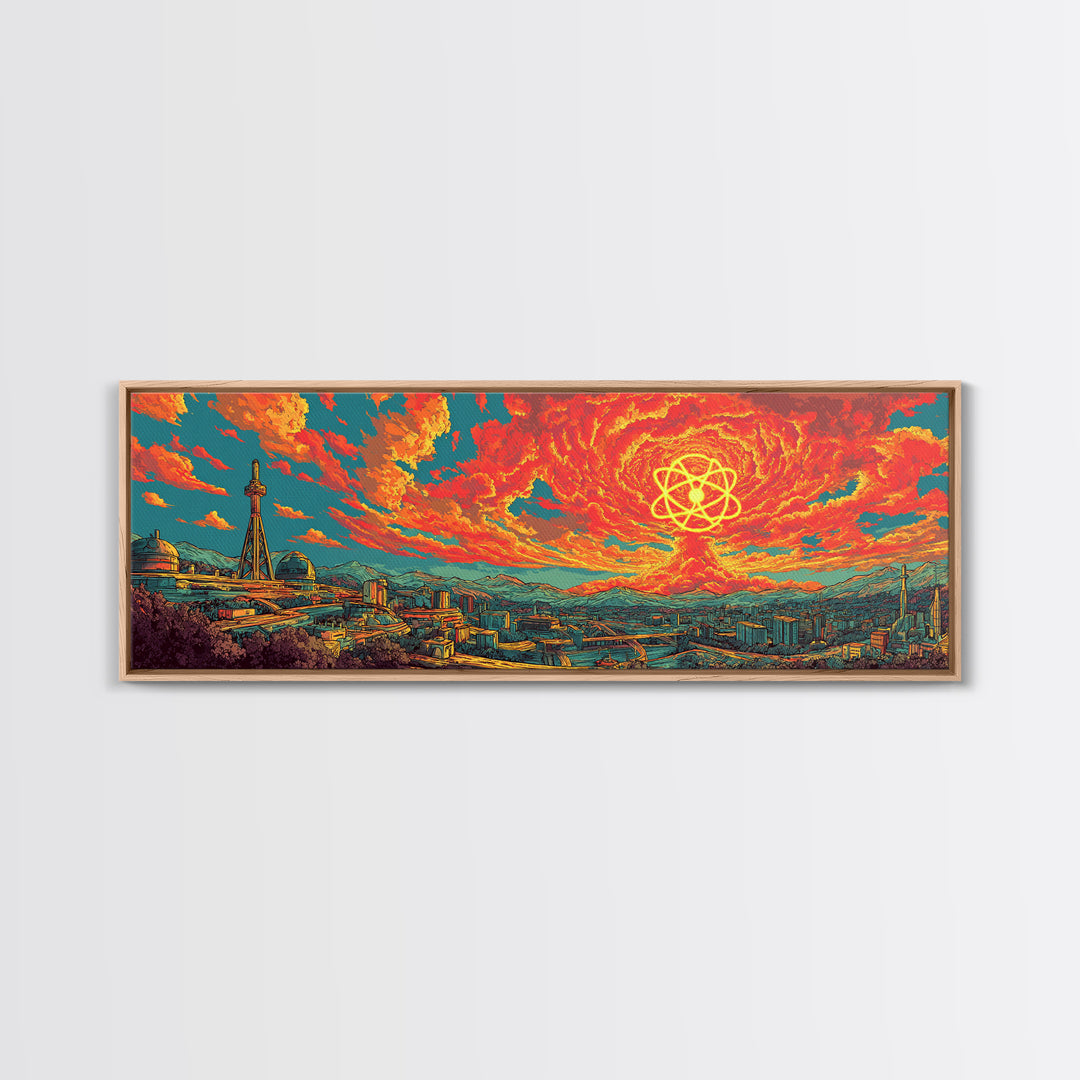 Fiery Atomic Sun Over Retro City Skyline Wall Art, Midcentury Modern Art Print, Bright Abstract Decor, Sci Fi Poster, Home Decor