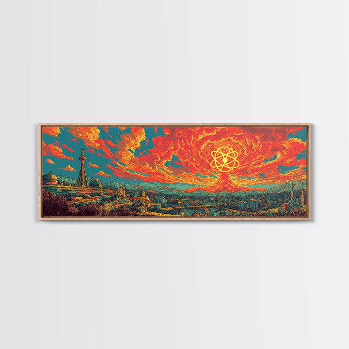 Fiery Atomic Sun Over Retro City Skyline Wall Art, Midcentury Modern Art Print, Bright Abstract Decor, Sci Fi Poster, Home Decor