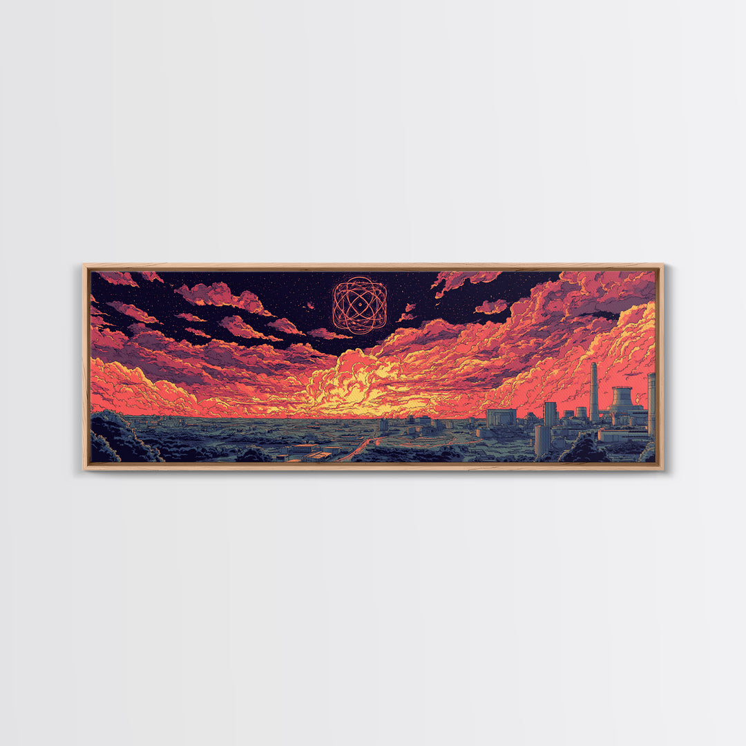 Atomic Sunset Over Industrial Coast Wall Art, Retro Sci Fi Landscape, Midcentury Modern Decor, Colorful Abstract Print, Poster