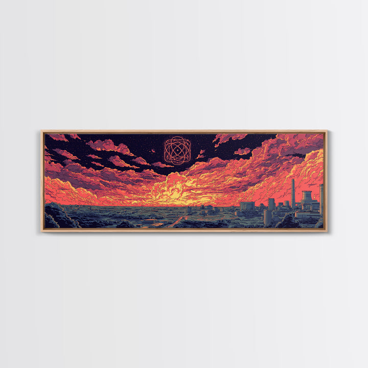 Atomic Sunset Over Industrial Coast Wall Art, Retro Sci Fi Landscape, Midcentury Modern Decor, Colorful Abstract Print, Poster