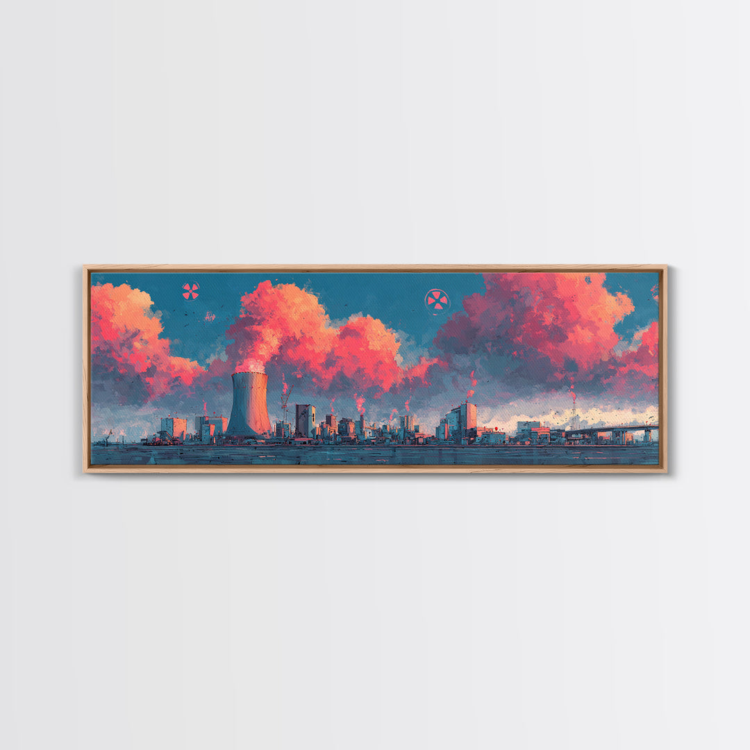 Pink Vapor Clouds Above Nuclear Plant Wall Art, Industrial Skyline Canvas Print, Retro Futuristic Modern Home Decor, Office Decor