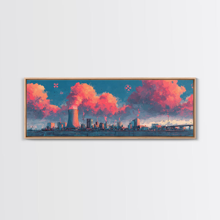 Pink Vapor Clouds Above Nuclear Plant Wall Art, Industrial Skyline Canvas Print, Retro Futuristic Modern Home Decor, Office Decor