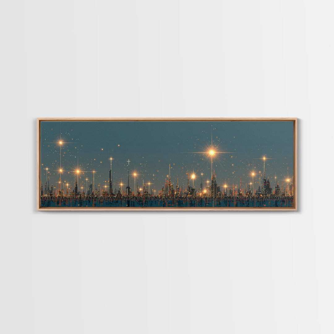 Golden Starbursts Over Night City Skyline Wall Art, Modern Abstract Art Print, Futuristic Urban Decor, Large Canvas Print