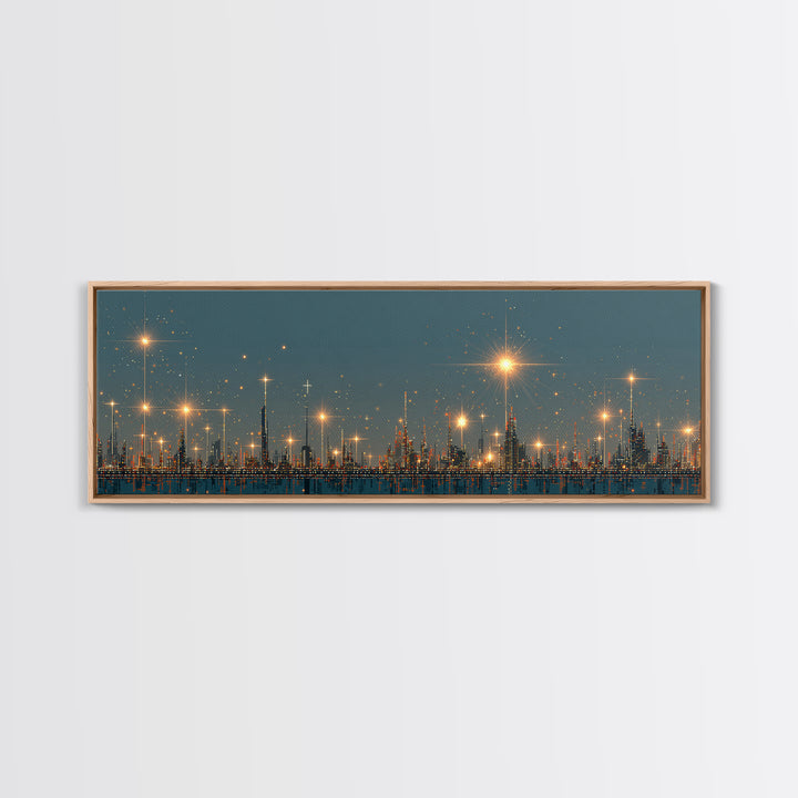 Golden Starbursts Over Night City Skyline Wall Art, Modern Abstract Art Print, Futuristic Urban Decor, Large Canvas Print