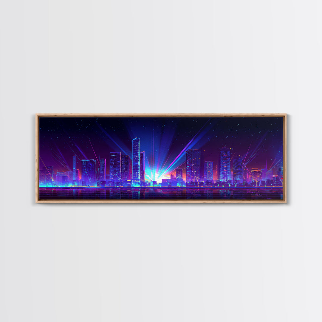 Neon Laser City Skyline At Night Wall Art, Cyberpunk Modern Art Print, Blue Purple Futuristic Decor, Large Canvas Print, Poster