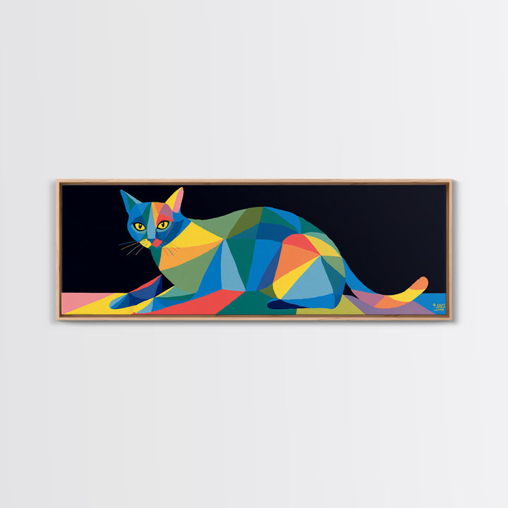 Colorful Low Poly Cat Reclining On Rainbow Shapes, Wall Art, Modern Geometric Art Print, Cat Lovers Gift, Funky Decor Poster