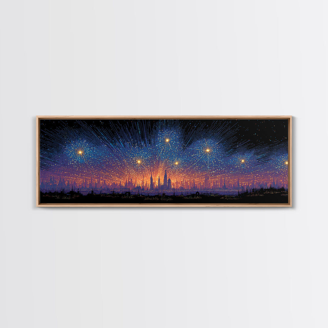 Starry Digital Fireworks Above Distant Skyline Wall Art, Modern Abstract Art Print, Futuristic Night Decor, Canvas Print