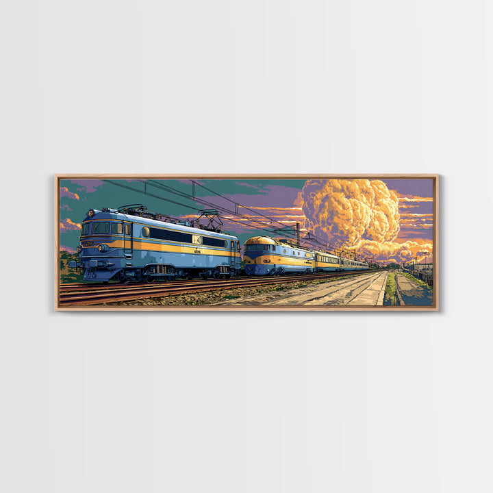Blue Electric Trains Canvas Print, Atomic Explosion Rail Scene, Midcentury Modern Wall Art, Retro Sci Fi Travel Decor Poster