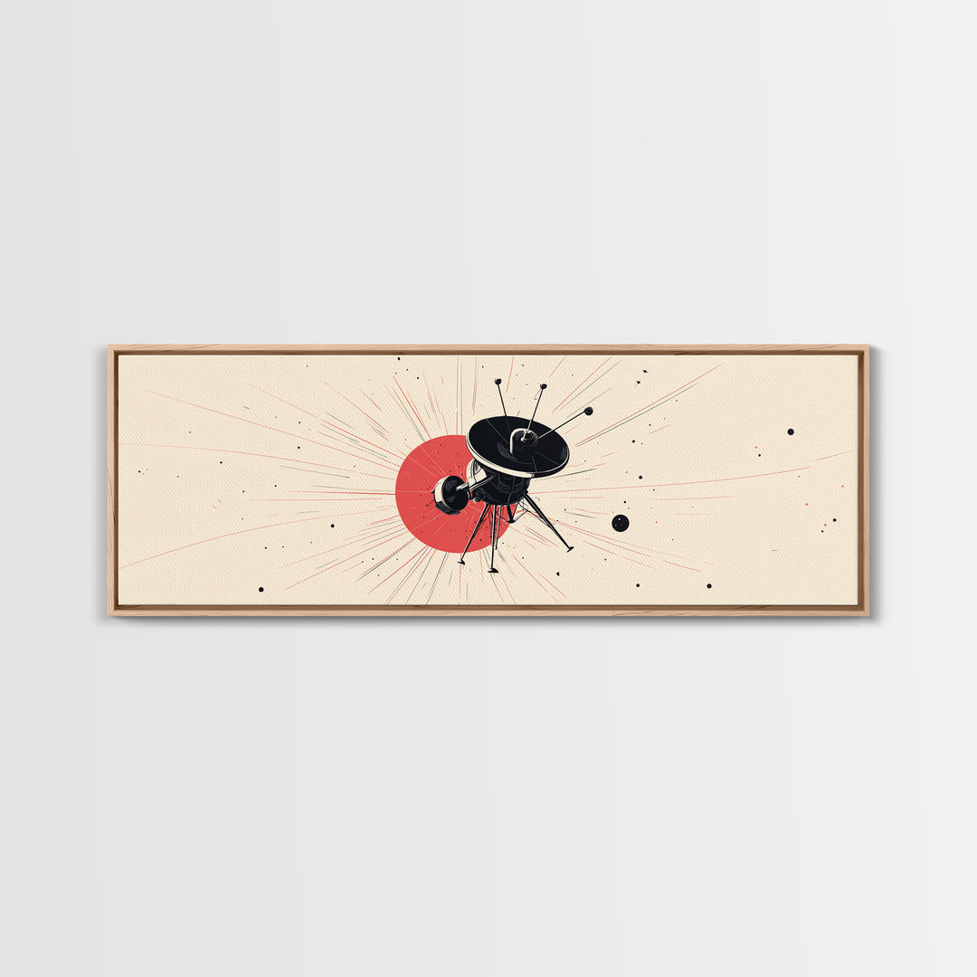 Minimal Black Space Probe Wall Art, Red Sunburst Abstract Satellite Print, Modern Sci Fi Poster, Retro Home Office Decor