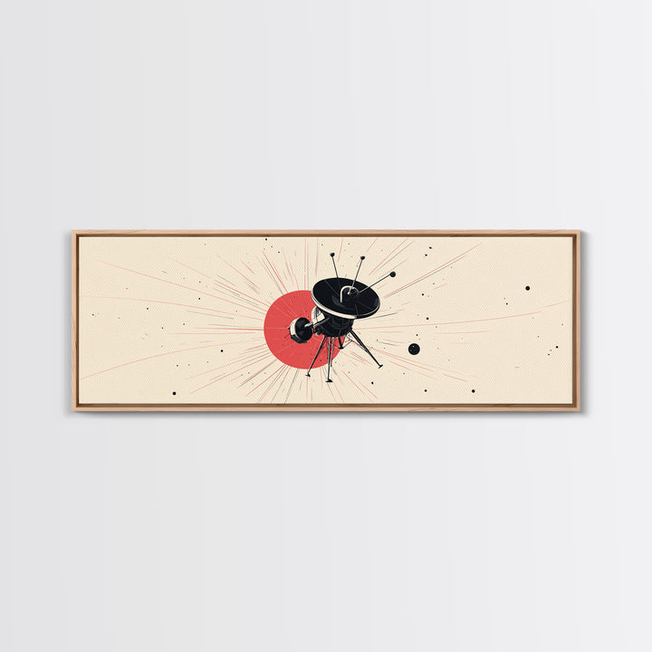 Minimal Black Space Probe Wall Art, Red Sunburst Abstract Satellite Print, Modern Sci Fi Poster, Retro Home Office Decor