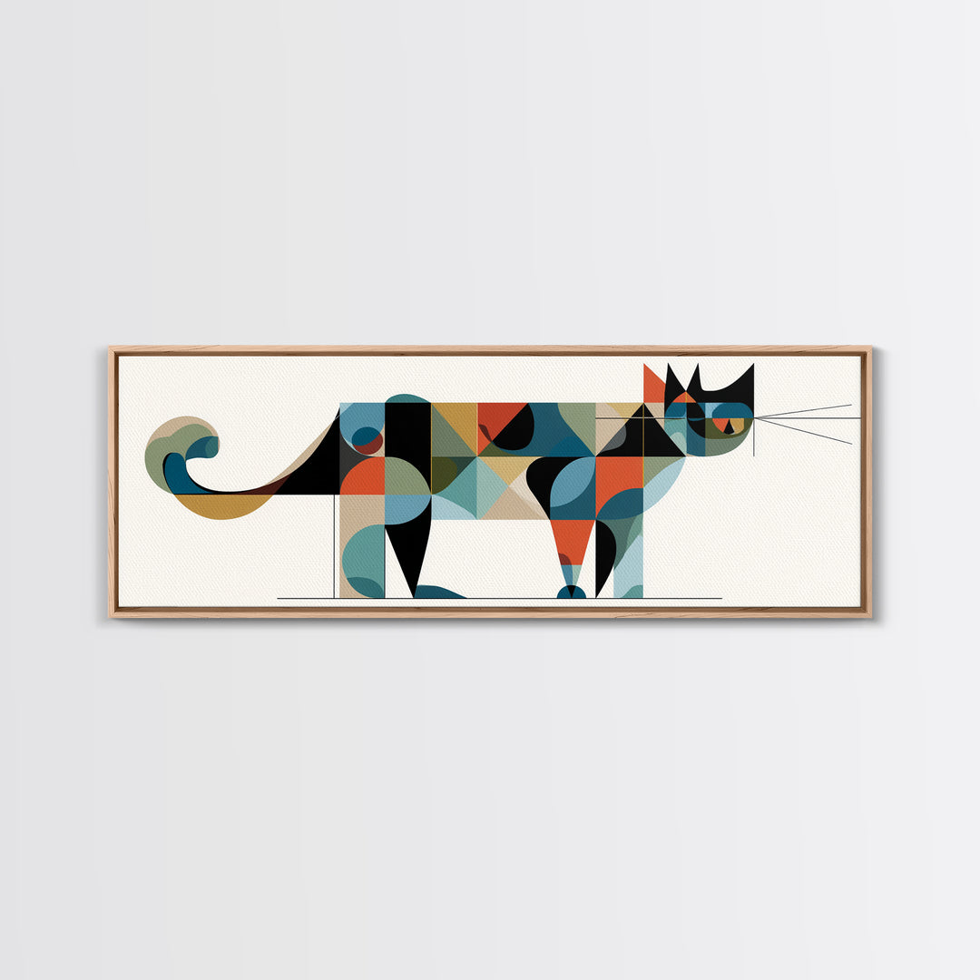 Abstract Mid Century Cat With Geometric Shapes, Canvas Print, Modern Wall Art, Bauhaus Poster, Minimalist Home Decor Print