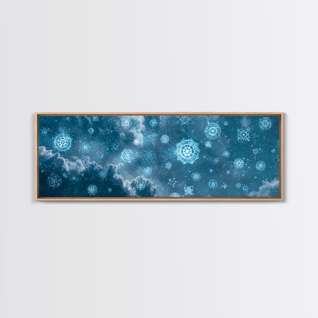 Glowing Teal Celestial Mandala Cloudscape Wall Art, Spiritual Geometric Art Print, Modern Home Decor, Cosmic Sky Poster For Bedroom