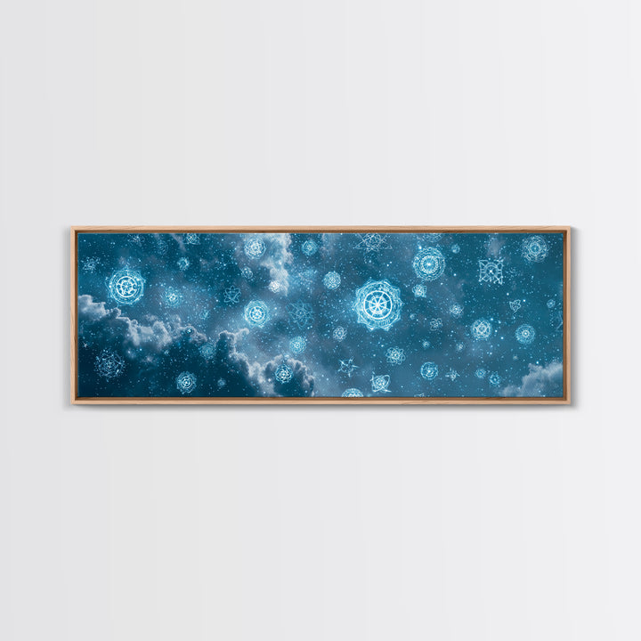 Glowing Teal Celestial Mandala Cloudscape Wall Art, Spiritual Geometric Art Print, Modern Home Decor, Cosmic Sky Poster For Bedroom