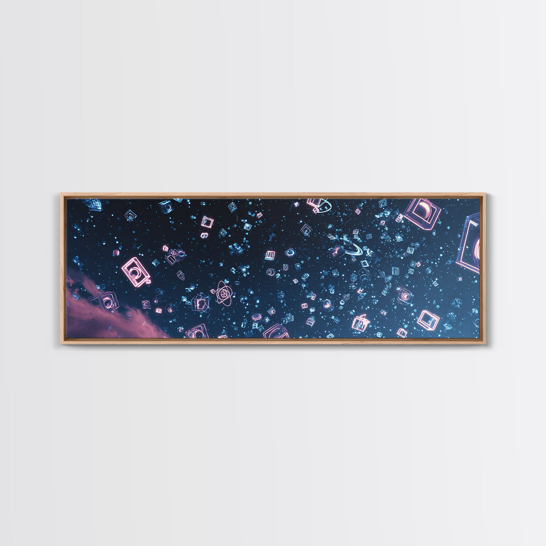 Neon Geometric Shapes Floating In Starry Sky Wall Art, Retro Futuristic Poster, Modern Abstract Art, Blue Pink Decor Print