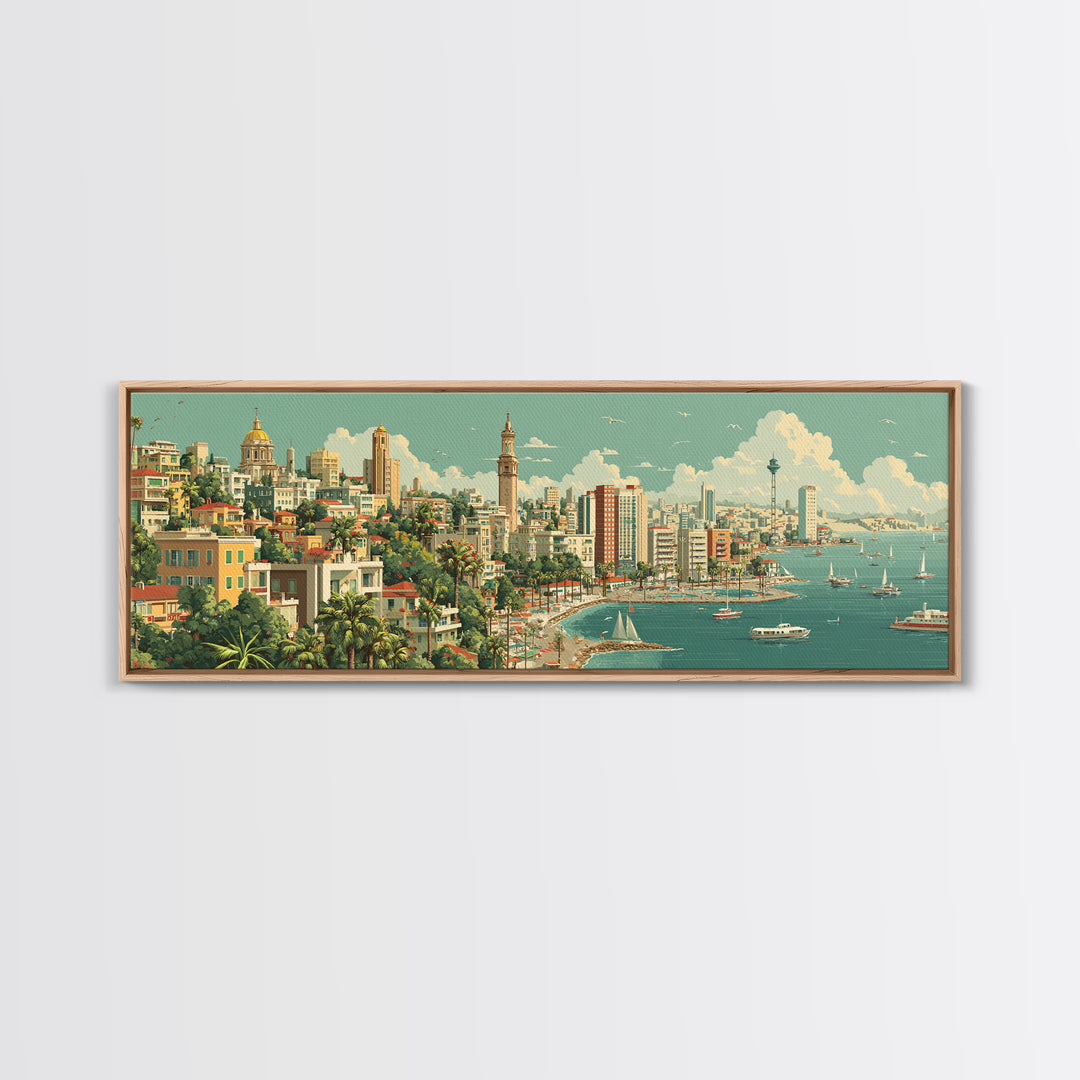 Lush Harbor City Skyline With Boats Canvas Print, Retro Travel Wall Art, Midcentury Modern Decor, Coastal Living Room Poster