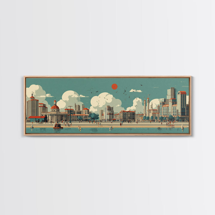 Retro Waterfront Promenade With Red Sun Wall Art, Midcentury Modern City Poster, Coastal Travel Print, Living Room Decor