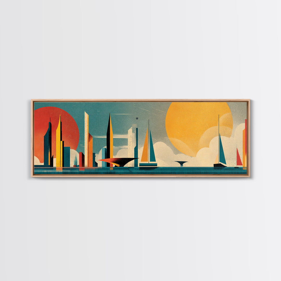 Futuristic Sailboat Skyline With Red And Yellow Suns Wall Art, Midcentury Modern Abstract Poster, Geometric Coastal Decor